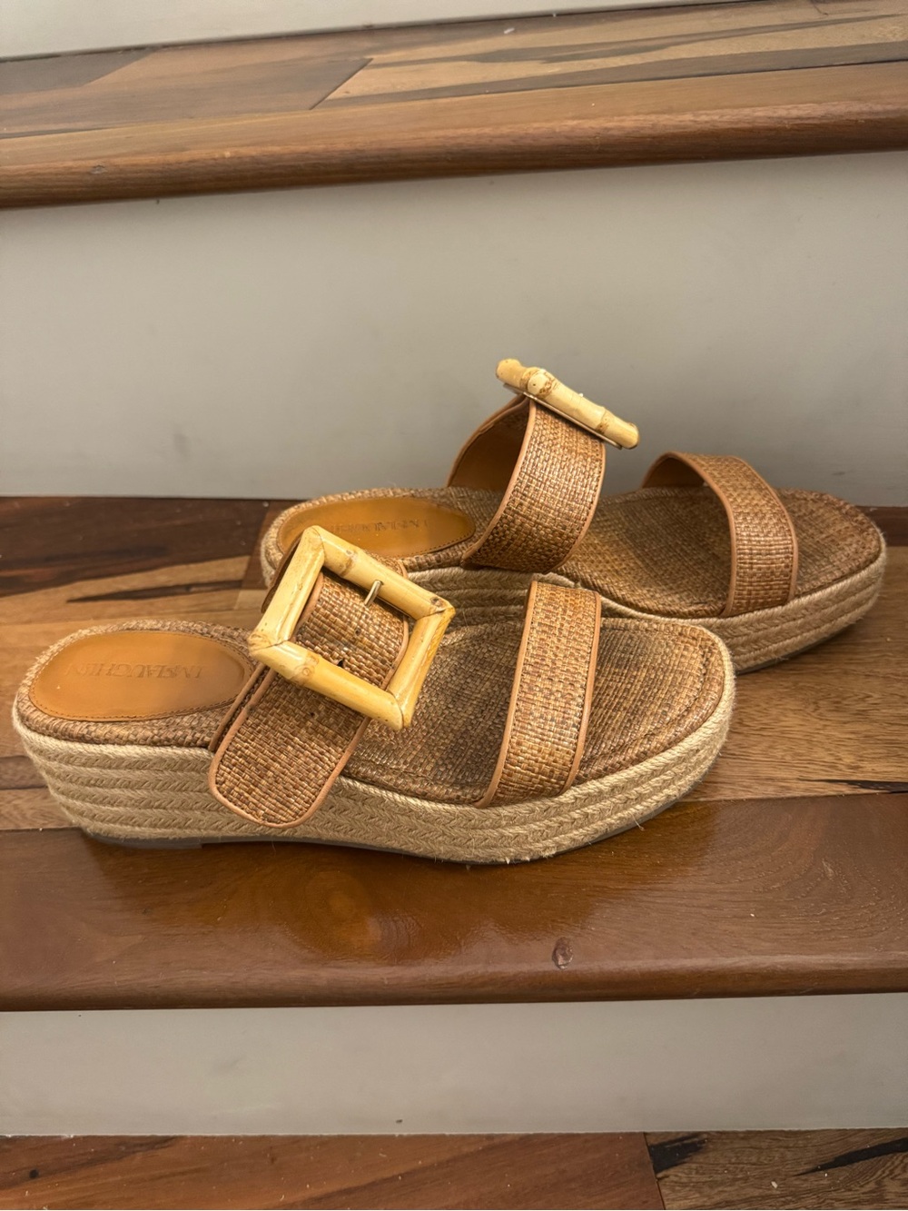 Woven Espadrille Platform Slide Sandals in Tan with Bamboo Buckle